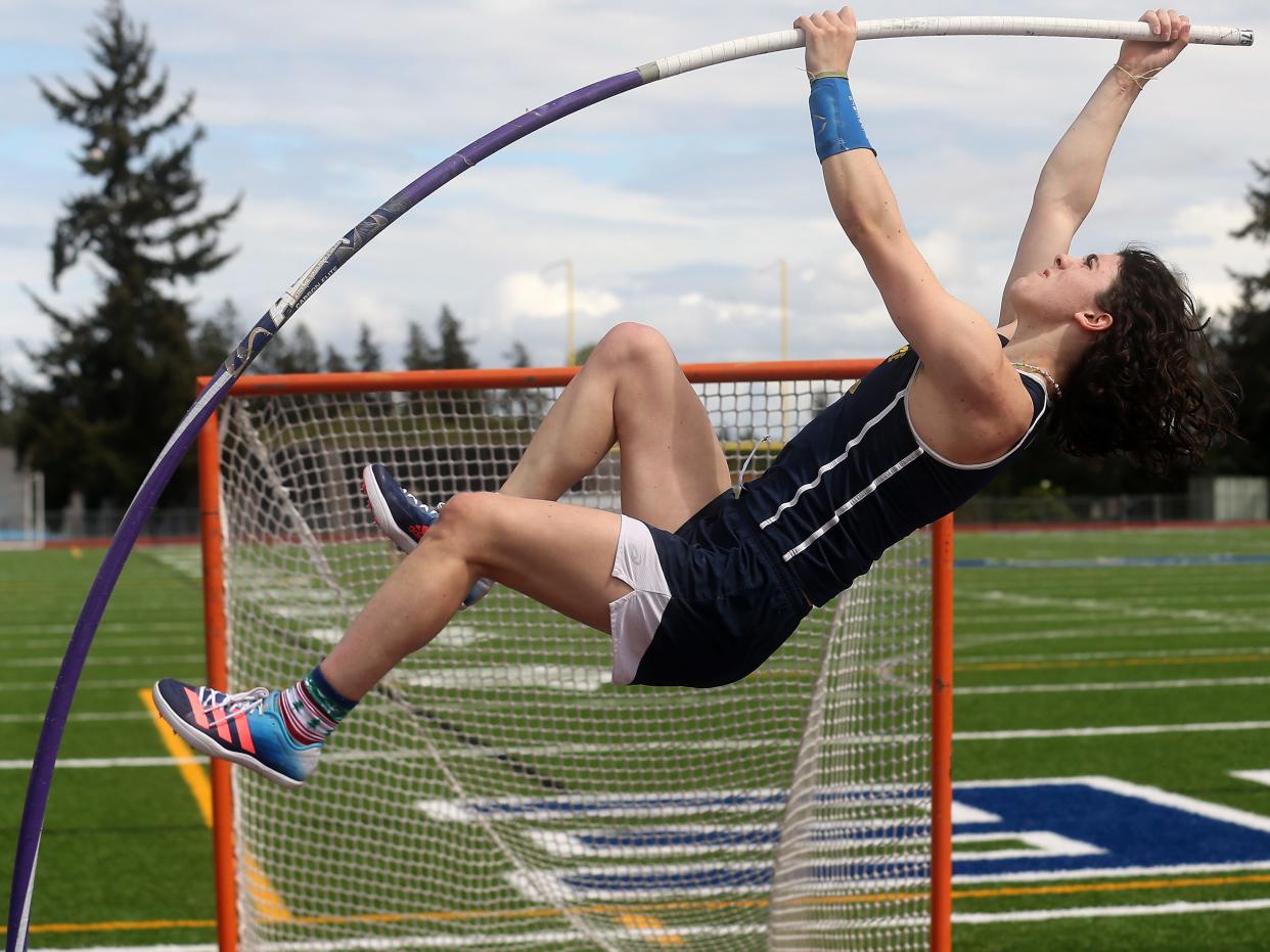 Bainbridge pole vaulter Ella McRitchie runs through a few jumps during practice on Monday, May 6, 2024. McRitchie, who'll attend Harvard University after graduation, owns the West Sound girls pole vault record (14 feet) and hopes to claim the Class 3A title next month.