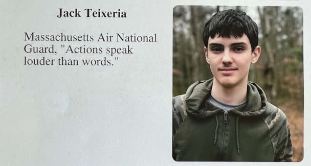 PHOTO: Jack Teixeira's 2020 high school yearbook photo includes the quote, 'Actions speak louder than words,' and misspells is last name. (Obtained by ABC News)
