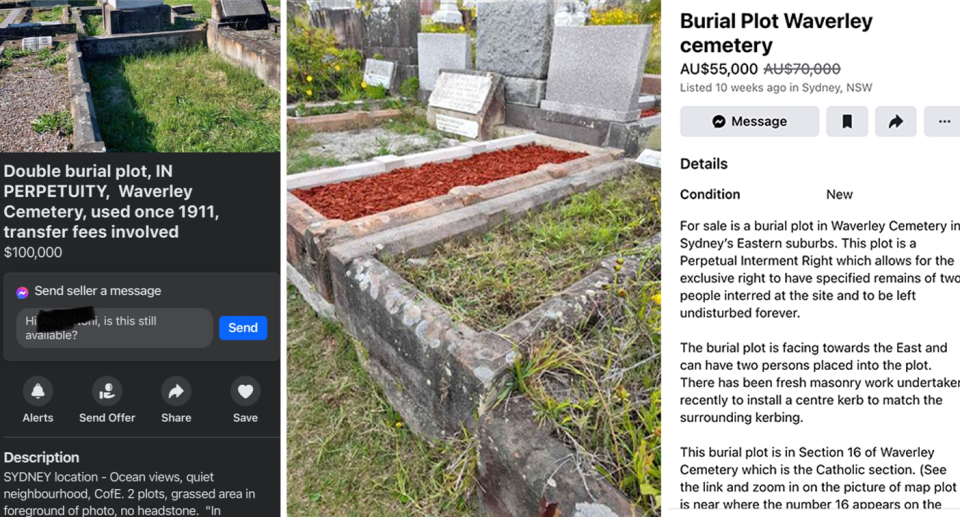 An ad from Facebook marketplace advertising burial plots for sale. One for $50,000 and one for $100,000.