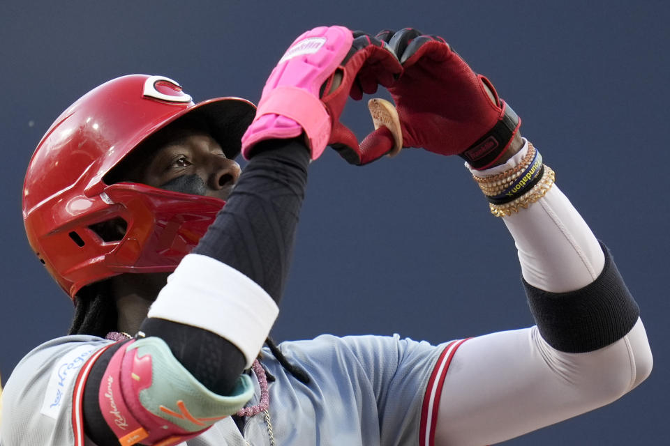 Cincinnati Reds' Elly De La Cruz celebrates after hitting a home run during the first inning of a baseball game against the San Diego Padres, Monday, April 29, 2024, in San Diego. (AP Photo/Gregory Bull)