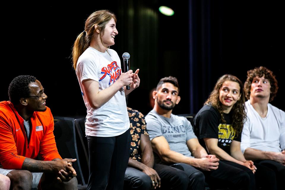 Ronna Gross speaks during a press conference before RUDIS Wrestling Super Match 1 on March 15 at the Sound Board Theater in MotorCity Casino in Detroit, Mich.