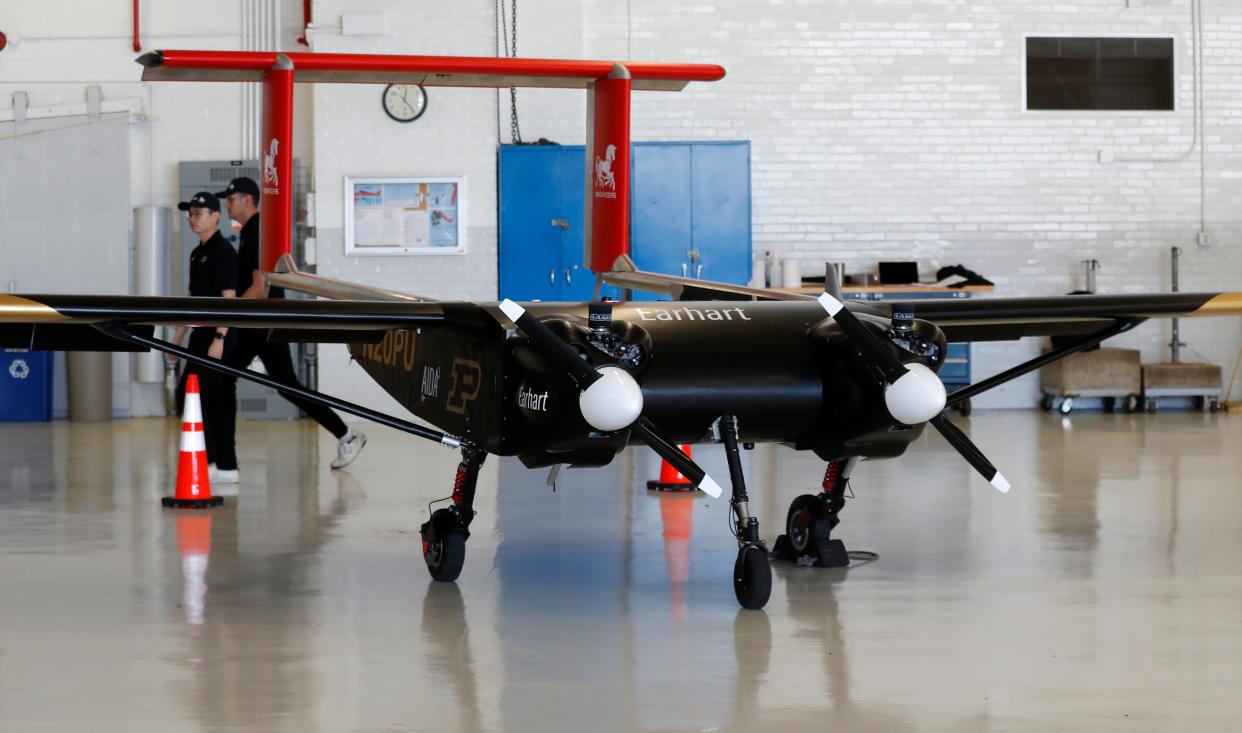 The new UAV is shown at the Purdue aviation media day, Friday, April 12, 2024, at Purdue University Airport in West Lafayette, Ind.