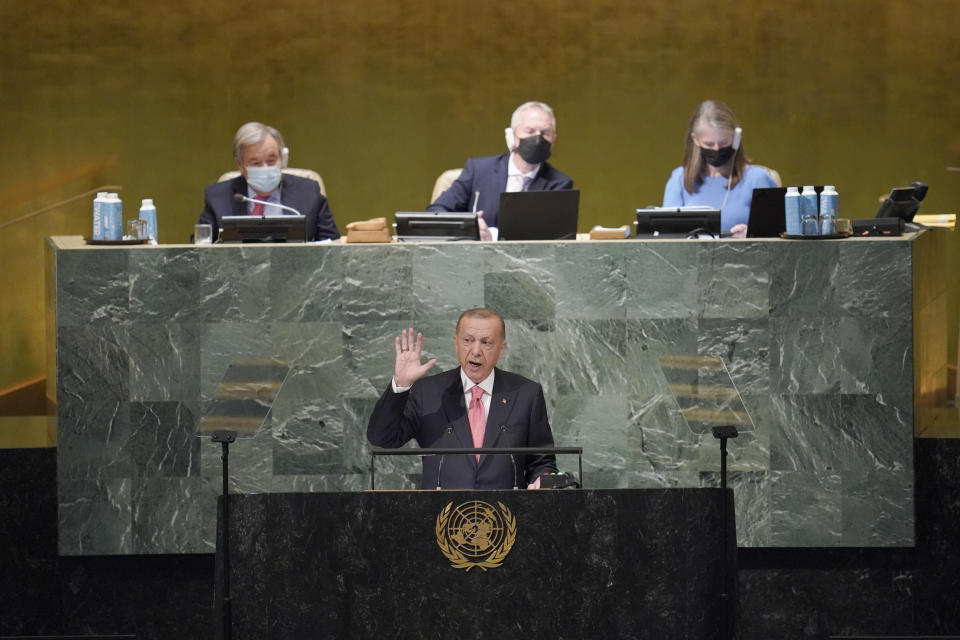 President of Turkey Recep Tayyip Erdogan addresses the 77th session of the United Nations General Assembly, Tuesday, Sept. 20, 2022 at U.N. headquarters. (AP Photo/Mary Altaffer)