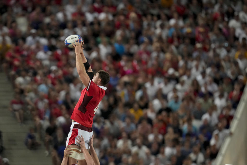 Wales' Will Rowlands grabs the line out ball during the Rugby World Cup Pool C match between Wales and Fiji at the Stade de Bordeaux in Bordeaux, France, Sunday, Sept. 10, 2023. (AP Photo/Themba Hadebe)