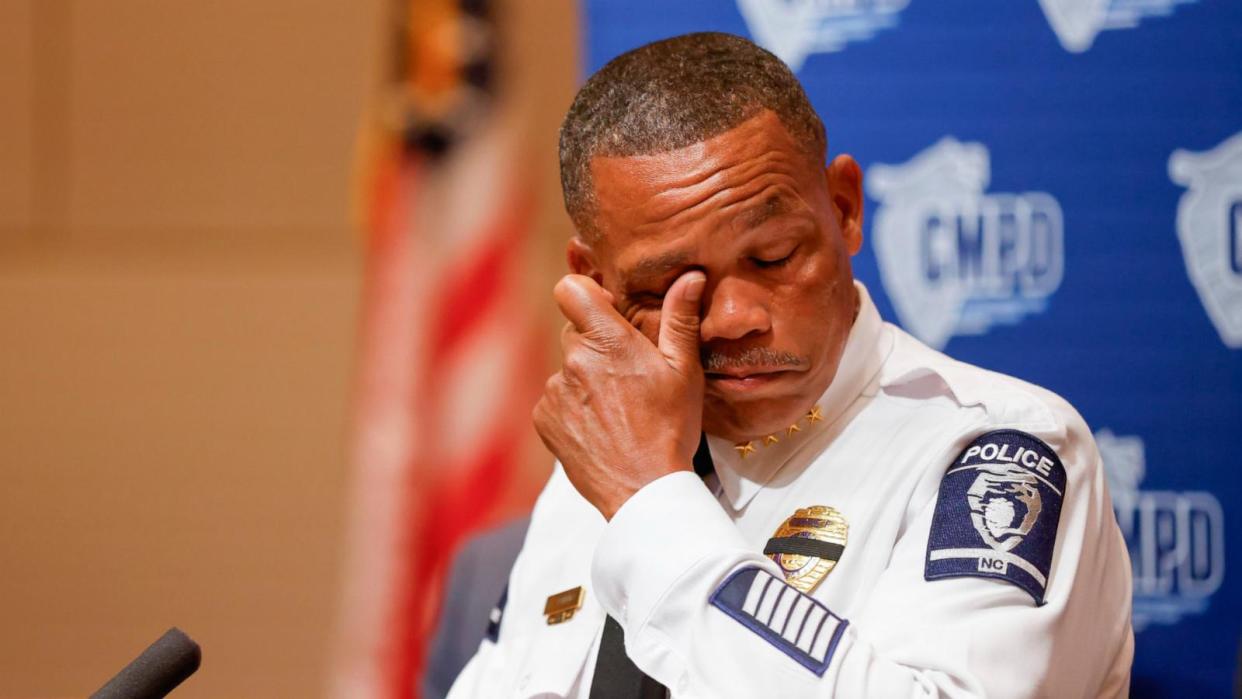 PHOTO: Charlotte-Mecklenburg Police Chief Johnny Jennings wipes away tears as he speaks at a press conference in Charlotte, N.C., Tuesday, April 30, 2024, regarding the shooting that killed four officers during an attempt to serve a warrant on April 29. (Nell Redmond/AP)