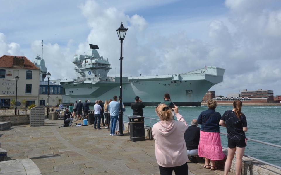 Royal Navy aircraft carrier HMS Prince of Wales returns to Portsmouth Naval Base after completing exercises off the Spanish Atlantic coast (Ben Mitchell/PA) (PA Wire)