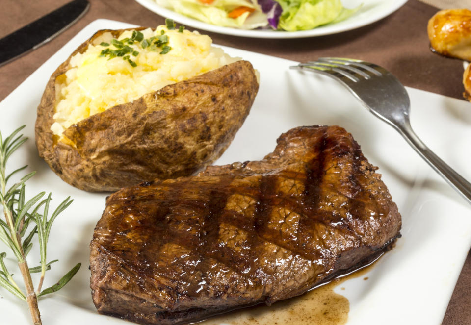 Steak and potato on a dining plate.