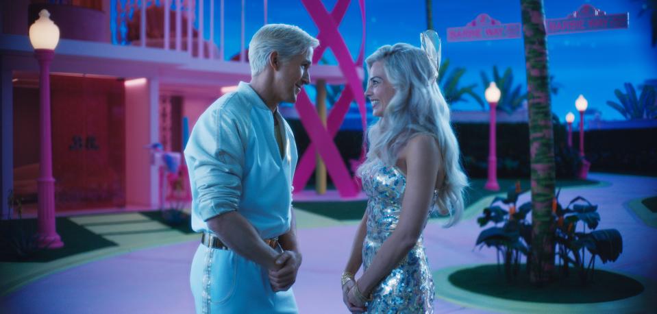Ken (Ryan Gosling) gets shut down by Barbie (Margot Robbie) when he wants to stay over at the dreamhouse in "Barbie."