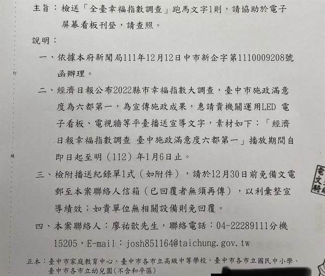 台中市議員黃守達收到老師抱怨，指市府要求學校利用校方跑馬燈宣傳政績、市府活動。（黃守達提供／張亦惠台中傳真）