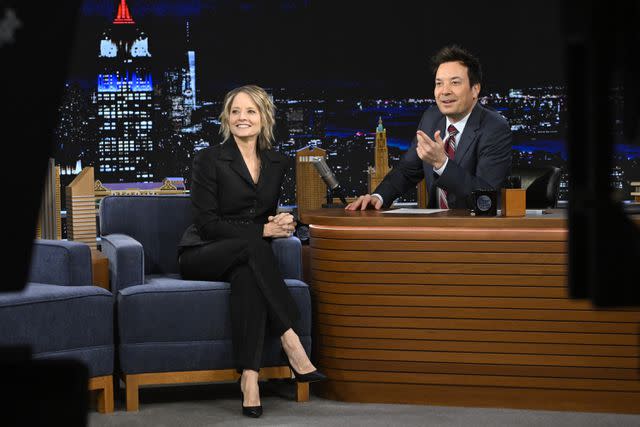 <p>Todd Owyoung/NBC via Getty</p> Jodie Foster during an interview with host Jimmy Fallon