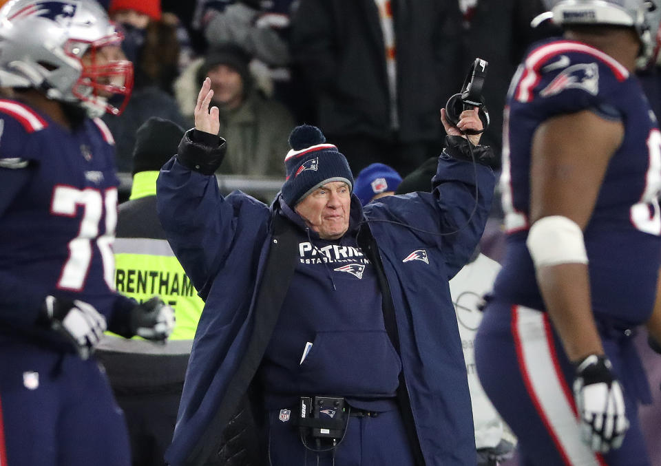 New England Patriots head coach Bill Belichick was upset with some calls in Sunday's game. (Photo by Matthew J. Lee/The Boston Globe via Getty Images)