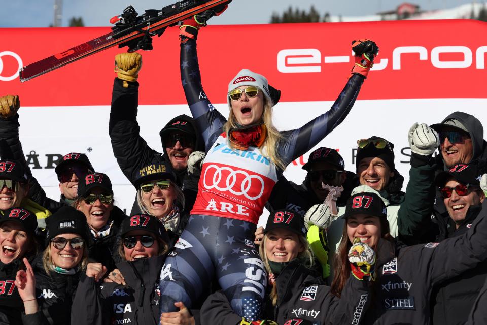 Mikaela Shiffrin celebrates with after breaking the record for all-time World Cup skiing victories.