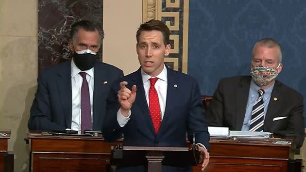 In this screenshot taken from a congress.gov webcast, Sen. Josh Hawley (R-Mo.) speaks during a Senate debate session to ratify the 2020 presidential election at the U.S. Capitol on Jan. 6, 2021, in Washington, D.C. (Photo: Handout via Getty Images)