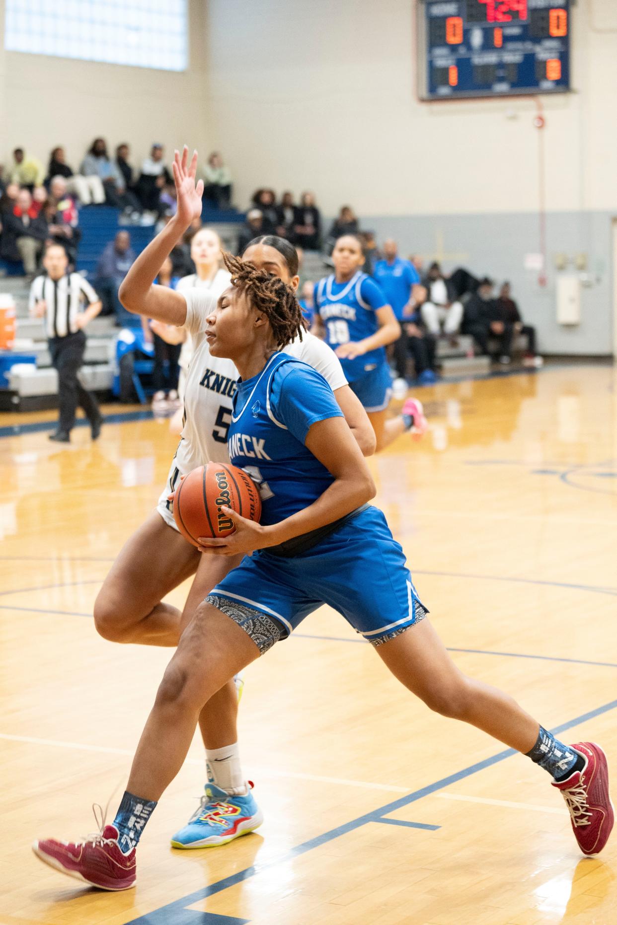 Mar 2, 2024; Teaneck, NJ, USA; Old Tappan at Teaneck in the NJSIAA North 1, Group 3 girls basketball final. T #12 Erin Frazier drives to the basket.