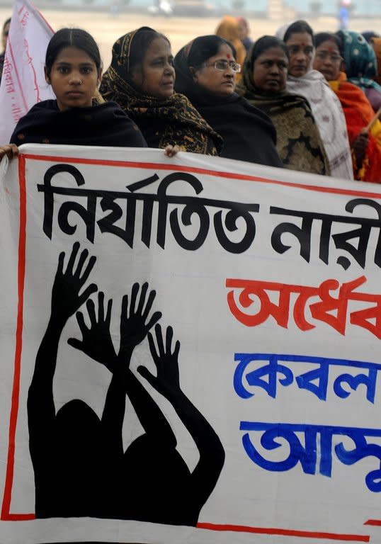 Activists from the women's wing of the Communist Party of India- Marxist (CPI-M), pictured in Siliguri on January 8, 2013, during a protest against the gang rape and murder of a student in the Indian captial New Delhi. Indian police have arrested six men over the rape of a passenger on a coach in the northern state of Punjab, weeks after a similar attack in New Delhi sparked nationwide protests