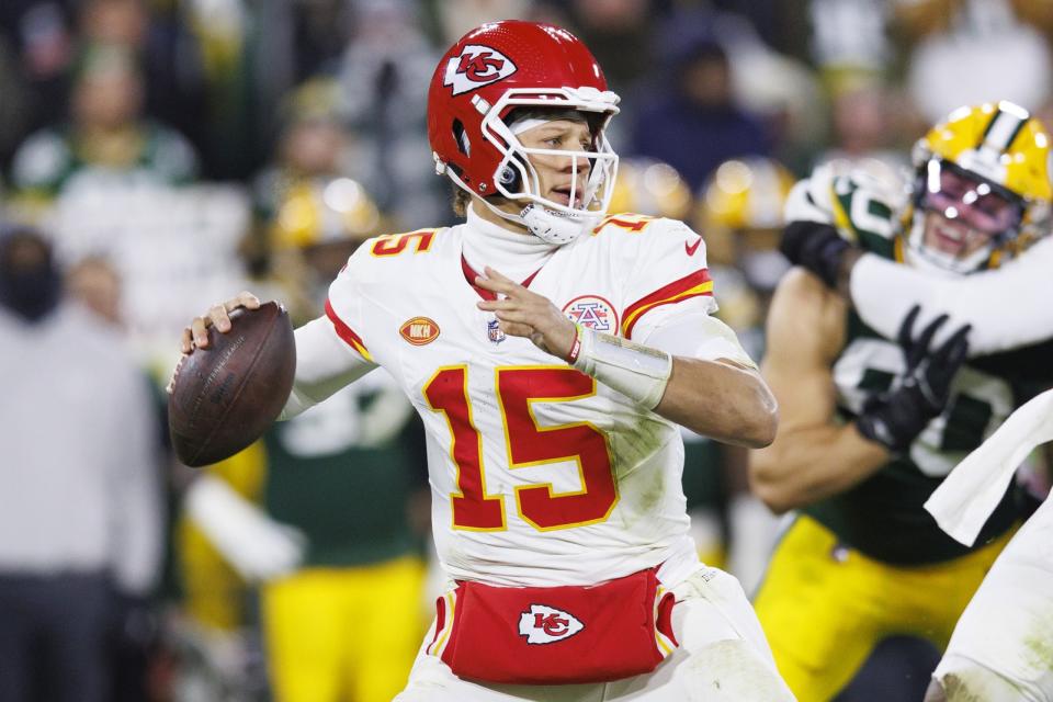 Dec 3, 2023; Green Bay, Wisconsin, USA; Kansas City Chiefs quarterback <a class="link " href="https://sports.yahoo.com/nfl/players/30123" data-i13n="sec:content-canvas;subsec:anchor_text;elm:context_link" data-ylk="slk:Patrick Mahomes;sec:content-canvas;subsec:anchor_text;elm:context_link;itc:0">Patrick Mahomes</a> (15) throws a pass during the second quarter against the Green Bay Packers at Lambeau Field. Mandatory Credit: Jeff Hanisch-USA TODAY Sports