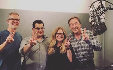 Chris Buck (composer), Josh Gad (voice of Olaf), Peter Del Vecho (producer), and Jennifer Lee (co-director and writer) preparing to make Frozen 2 - Credit: IMDB.com