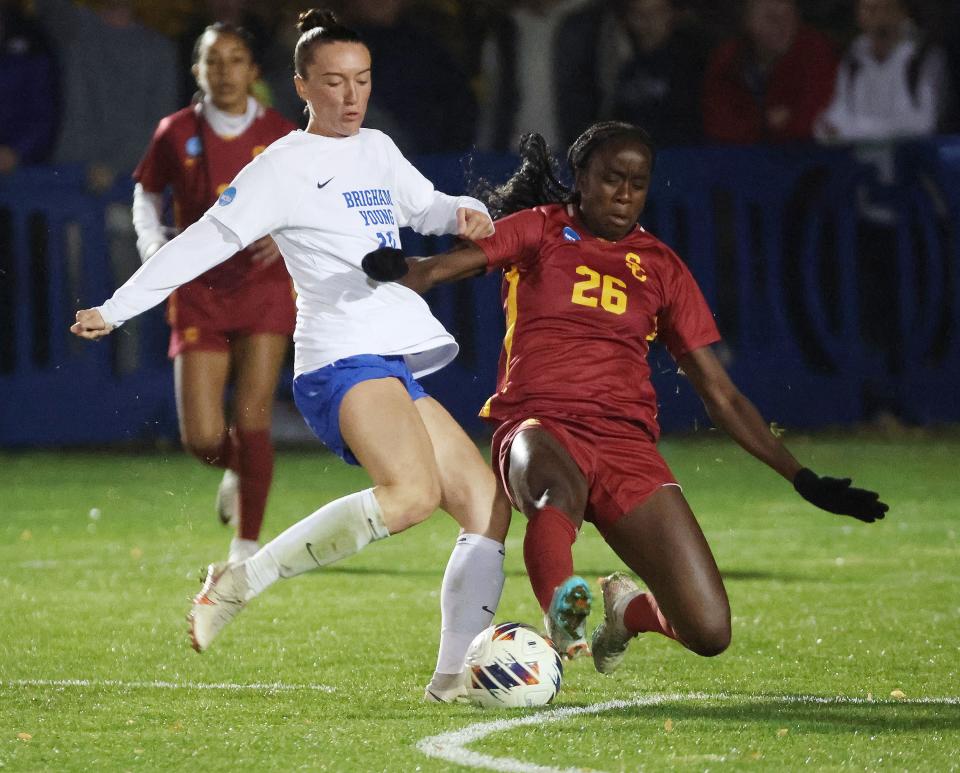 BYU midfielder Olivia Katoa (10) and USC midfielder Simi Awujo (26) compete during the second round of the NCAA championship in Provo on Thursday, Nov. 16, 2023. BYU won 1-0. | Jeffrey D. Allred, Deseret News