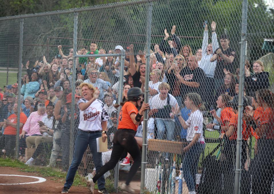 Wellsville celebrates a run during its win over Wayland-Cohocton in the 2021 Section V, Class B2 championship game at Tullar Field. Improvements to the field are among the proposals for Wellsville's NY Forward grant.