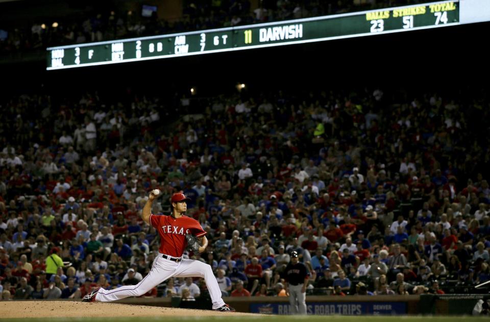 Texas Rangers' Yu Darvish of Japan works against the Boston Red Sox in the sixth inning of a baseball game, Friday, May 9, 2014, in Arlington, Texas. (AP Photo/Tony Gutierrez)