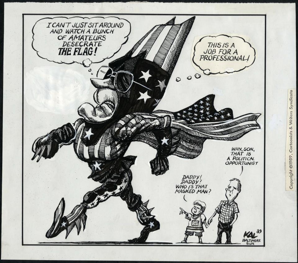 This image provided by Kevin Kallaugher shows “I Can’t Just Sit Around...,” by editorial cartoonist Kevin Kallaugher, that is one of dozens of political cartoons focusing on the First Amendment in a new exhibit, “Front Line: Editorial Cartoonists and the First Amendment” at Ohio State University’s Billy Ireland Cartoon Library & Museum in Columbus, Ohio. The display runs the gamut from a 1774 cartoon by Paul Revere criticizing Britain’s use of tea as a political weapon to a 2018 cartoon lampooning the blocking of online conservative commentary. (Kevin Kallaugher via AP)