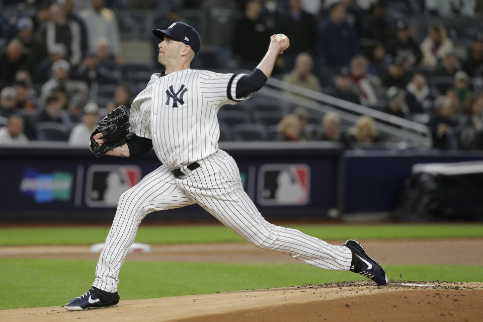 New York Yankees starting pitcher James Paxton delivers against the Minnesota Twins during the first inning of Game 1 of an American League Division Series baseball game, Friday, Oct. 4, 2019, in New York. (AP Photo/Seth Wenig)