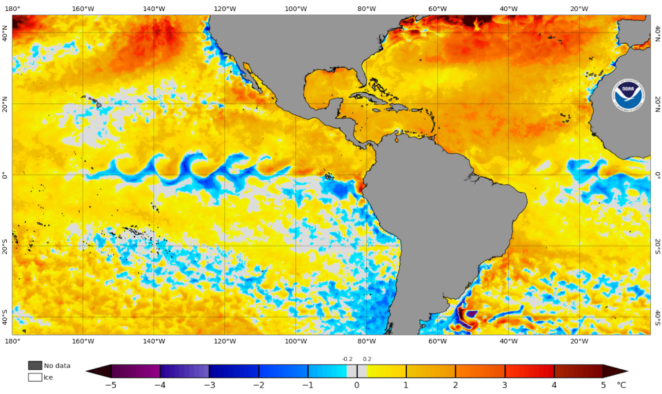 A map showing warming normal sea surface temperatures in the Atlantic and Gulf of Mexico.