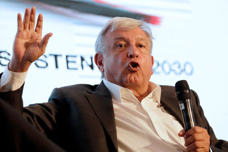 Leftist front-runner Andres Manuel Lopez Obrador of the National Regeneration Movement (MORENA) addresses the audience during a conference organised by the Mexican Construction Industry Association in Guadalajara, Mexico March 23, 2018. REUTERS/Henry Romero