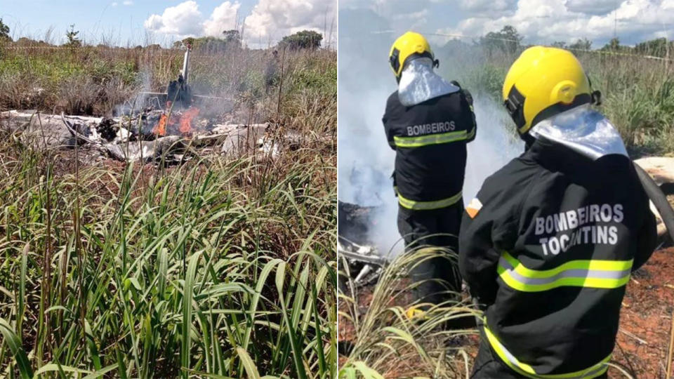 Pictured here, rescue team members survey the scene of the plane crash in Brazil.