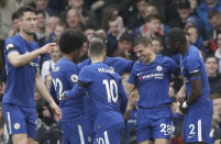 <p>Chelsea’s Cesar Azpilicueta (second right), celebrates after scoring the opening goal against West Ham, who did not get a shot of their own on target until the 48th minute </p>