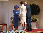 <p>Queen Elizabeth II, left, smiles as she greets President Donald Trump and first lady Melania Trump at Windsor Castle in Windsor, England, Friday, July 13, 2018. (AP Photo/Pablo Martinez Monsivais) </p>