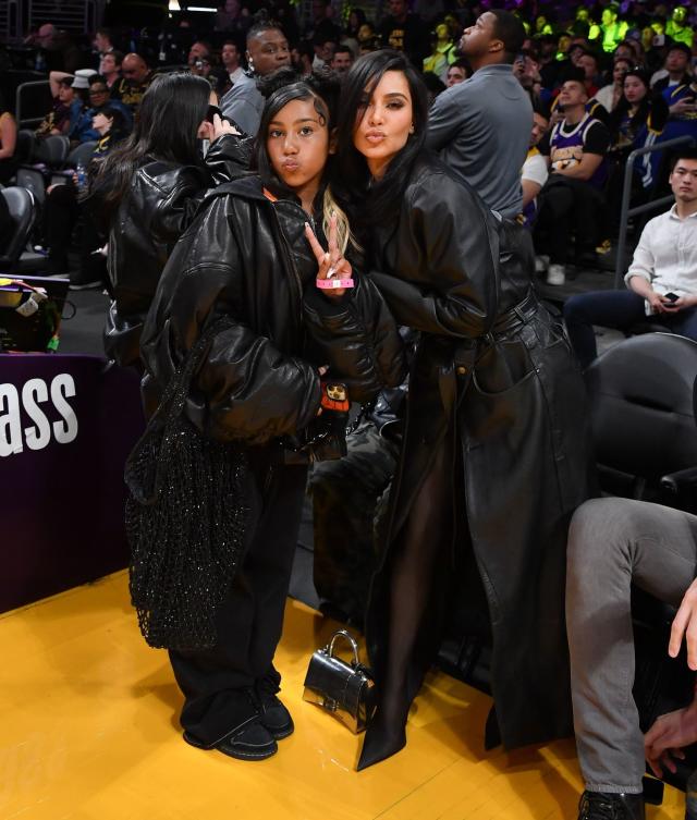 Kim Kardashian and North West Coordinated in All Black Leather While  Courtside at a Lakers Game