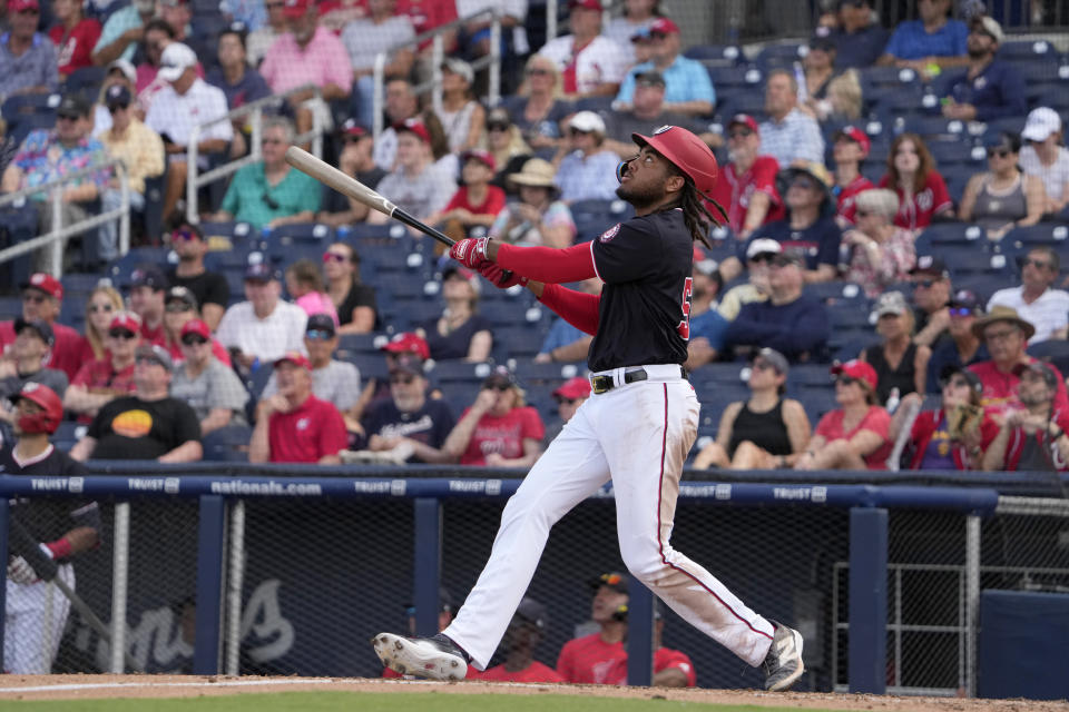 Washington Nationals' James Wood pops out during the sixth inning of a spring training baseball game against the St. Louis Cardinals Monday, March 4, 2024, in West Palm Beach, Fla. (AP Photo/Jeff Roberson)