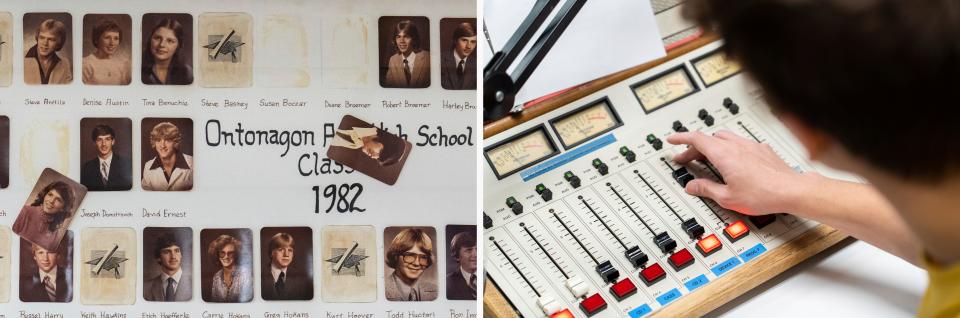LEFT: A framed collage of the portraits of the class of 1982, from which a few photos have come unglued, as seen on a wall inside the Ontonagon Area Schools building on April 24, 2023. RIGHT: Ontonagon High School student Will Immonen adjusts the levels on the sound board during his shift on WOAS 88.5-FM, the student-run radio station.