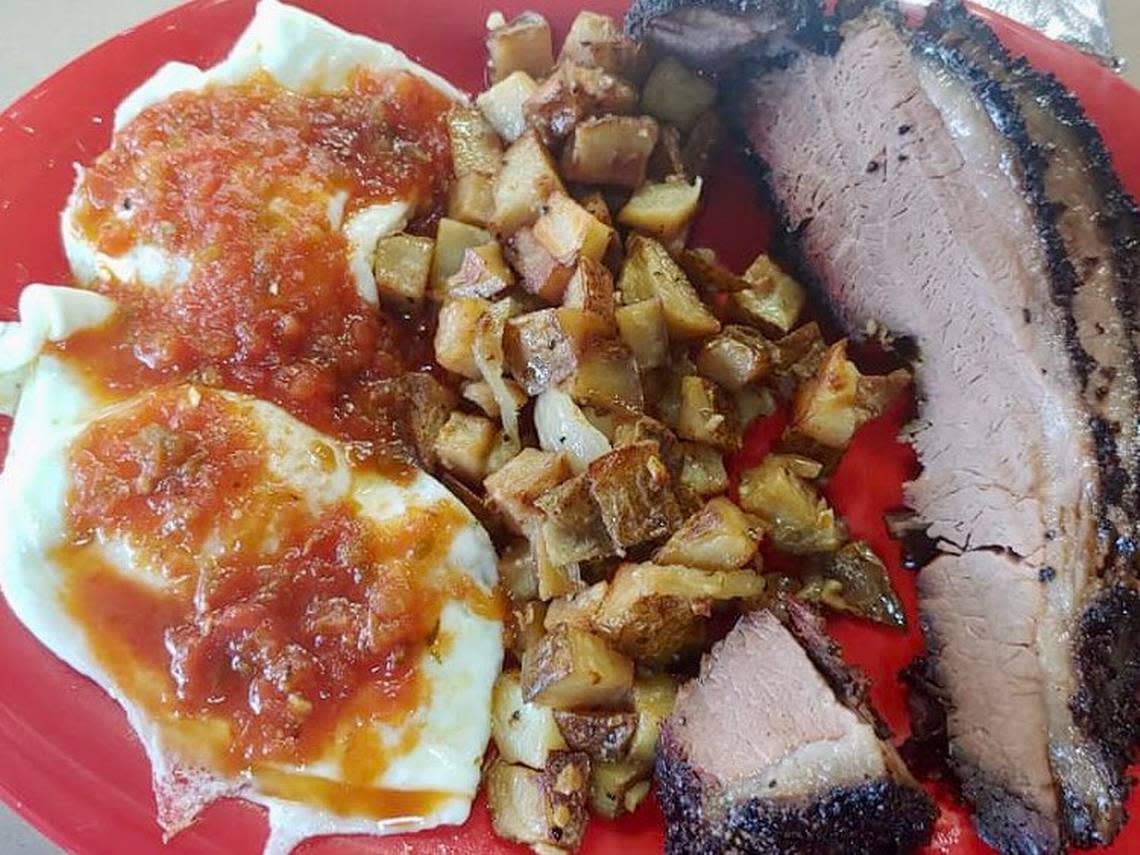 BBQ on the Brazos in Cresson has a breakfast platter with huevos rancheros and brisket.