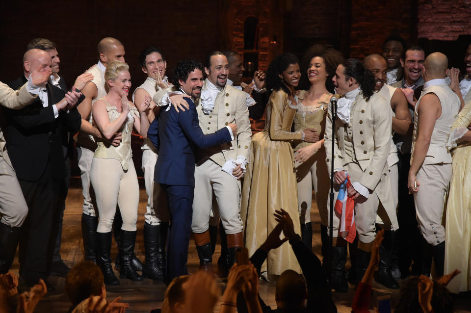 LOS ANGELES, CA - FEBRUARY 15:  Music director Alex Lacamoire and actor, composer Lin-Manuel Miranda and cast of 'Hamilton' celebrate on stage the receiving of GRAMMY award after 'Hamilton' GRAMMY performance for The 58th GRAMMY Awards at Richard Rodgers Theater on February 15, 2016 in Los Angeles City.  (Photo by Theo Wargo/WireImage)