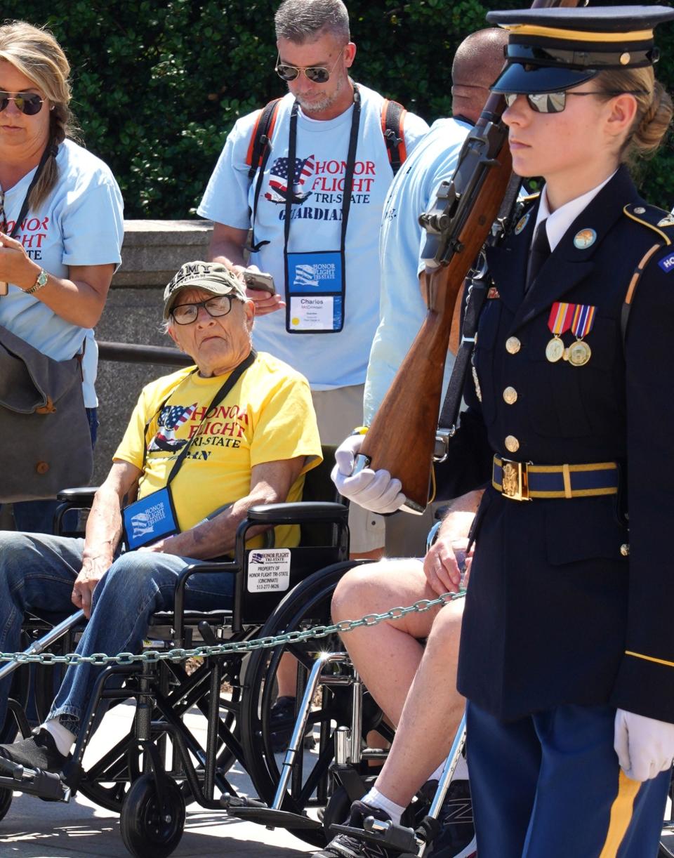 Paul Dargis, an Army veteran, watches the guards at the Tomb of the Unknown Soldier.