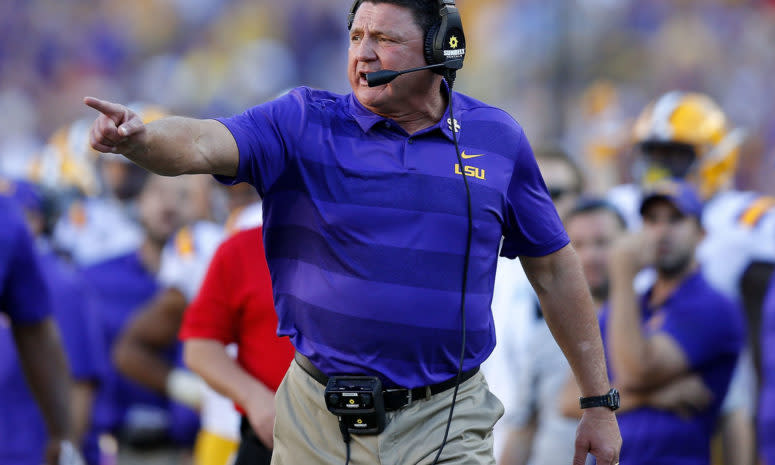 A closeup of LSU football coach Ed Orgeron.