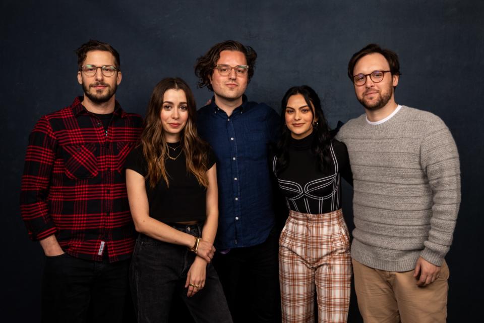 Andy Samberg and Cristin Milioti, screenwriter Andy Siara, Camila Mendes and director Max Barbakow of "Palm Springs,"