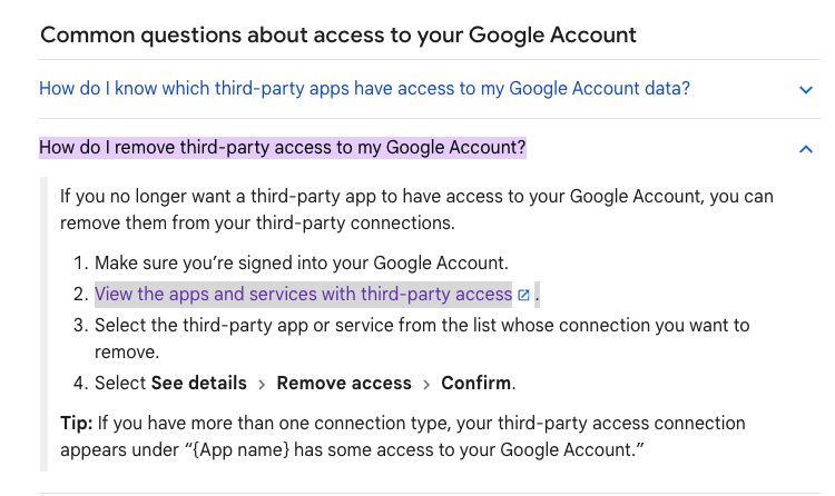 a screenshot showing a Google help page describing common questions about account access.