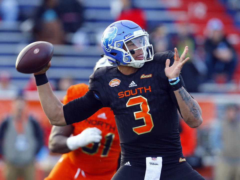 South quarterback Tyree Jackson of Buffalo (3) throws a pass during the second half of the Senior Bowl college football game, Saturday, Jan. 26, 2019, in Mobile, Ala. (AP Photo/Butch Dill)