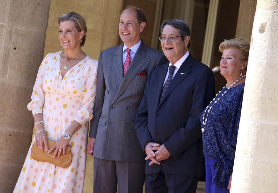 Cyprus President Nicos Anastasiades, second right, and his wife Antri, right, receive Britain's Prince Edward and Sophie, Countess of Wessex at the presidential palace in the capital Nicosia, Cyprus, Tuesday, June 21, 2022. (AP Photo/Philippos Christou)