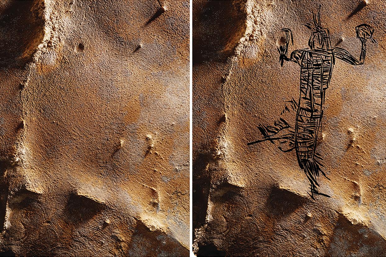This carving on the cave ceiling is 6 feet long and appears to show a human figure wearing Native American regalia. It dates from about 1,000 years ago; nothing like it has been seen before, and archaeologists suggest it could represent a spirit of the dead. (S. Alvarez Cressler / J. Simek / Antiquity Nournal)