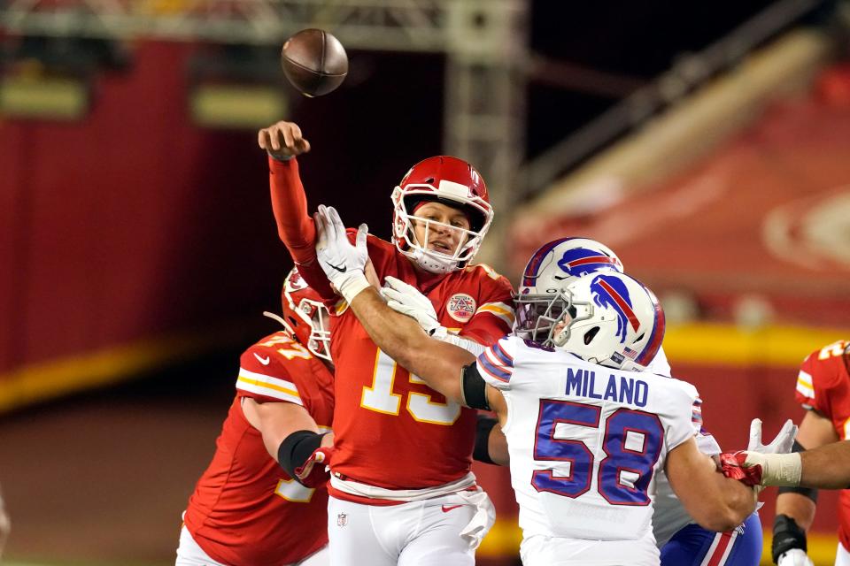 Patrick Mahomes threw for 325 yards and three TDs in the Chiefs 38-24 AFC Championship Game victory over Buffalo last year.