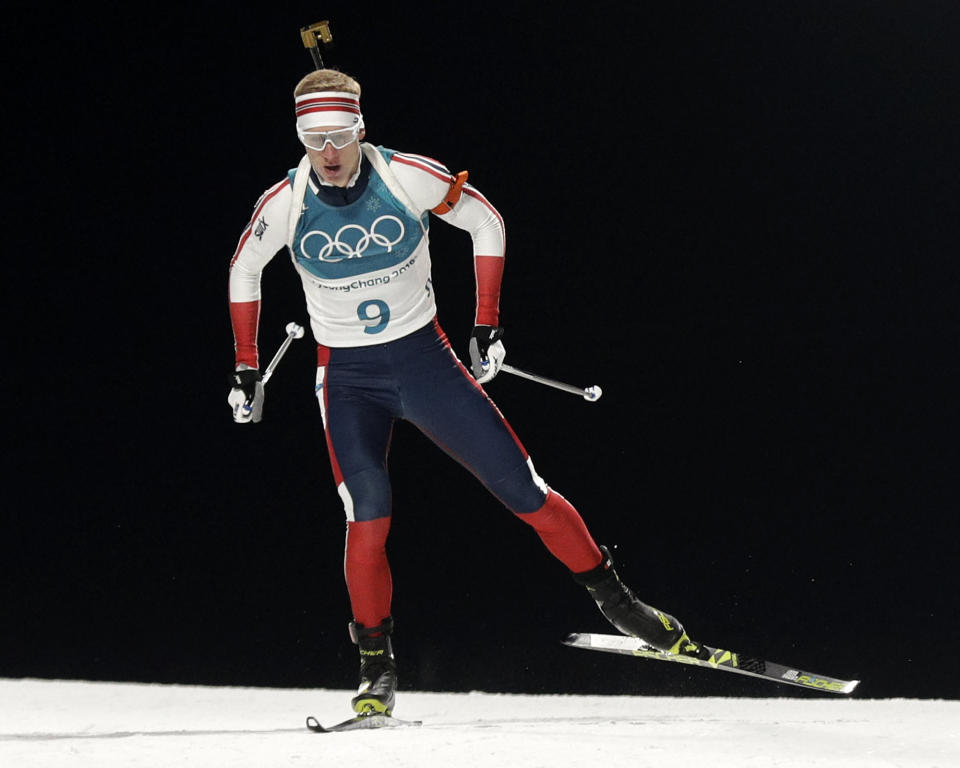 FILE - Johannes Thingnes Boe, of Norway, skies during the men's 20-kilometer individual biathlon at the Winter Olympics in Pyeongchang, South Korea, Feb. 15, 2018. Hanna Öberg, of Sweden, took gold in the women's 15-kilometer individual at the PyeongChang Olympics, while Thingnes Boe won the men's race and both have stood on the podium this season. But all other 2018 gold-medal winners have moved on to other adventures. (AP Photo/Gregorio Borgia, File)