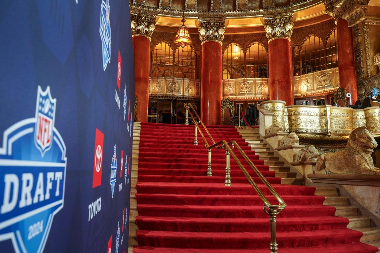 The scene for the 2024 NFL Draft Red Carpet presented by Toyota at the Fox Theatre in downtown Detroit is shown to media on Tuesday, April 23, 2024, ahead of the event.