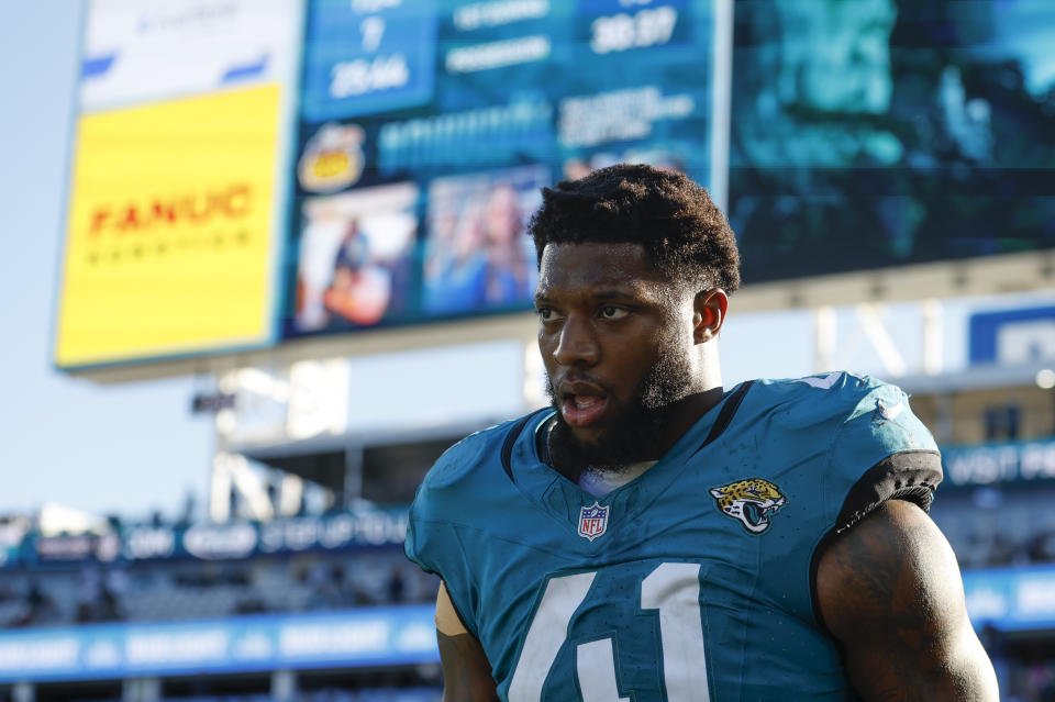 Jacksonville Jaguars edge rusher Josh Allen (41) changed his last name and will go by Josh Hines-Allen. (Photo by David Rosenblum/Icon Sportswire via Getty Images)