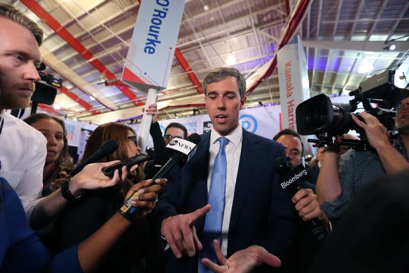FILE PHOTO: Former Rep. Beto O'Rourke talks to reporters in the Spin Room after the fourth Democratic U.S. 2020 presidential election debate at Otterbein University in Westerville, Ohio