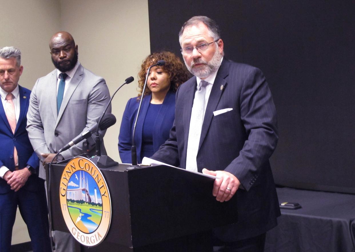 U.S. Attorney David Estes speaks to reporters in Brunswick, Ga., on Wednesday, Jan. 11, 2023, at a news conference announcing the indictment of 76 people on federal drug charges in southern Georgia.