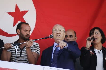 Beji Caid Essebsi, leader of the Nida Tounes (Call of Tunisia) secular party, speaks during a campaign event in Tunis October 21, 2014. REUTERS/Anis Mili